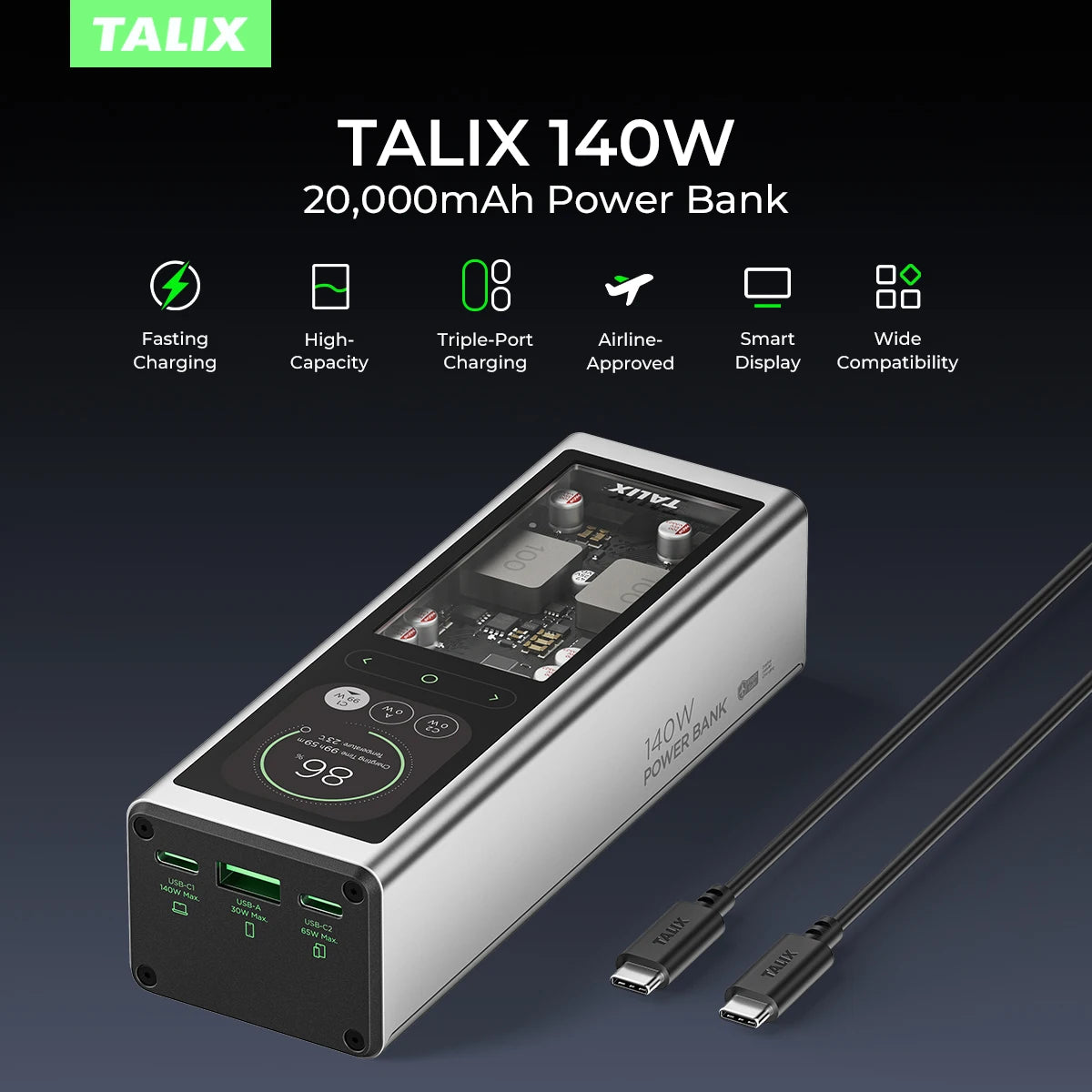 TALIX 140W Power Bank 20000mAh battery Laptop Portable Charger with 3-Port Digital Display High Capacity for phone ipad