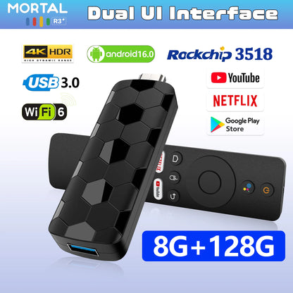R3+ Mini TV Stick Dual UI Interface Android 16 ATV Ram 8GB Rom 128GB RK3518 Wifi 6 Voice Remote Control Global Streaming TV Box