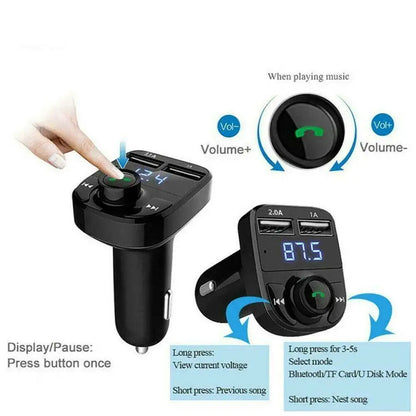 Car Charger with Wireless Bluetooth FM Transmitter - Dual USB Ports, Hands-Free Calling & MP3 Music Stereo