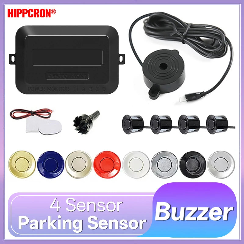 Hippcron 4 Sensors Buzzer 22mm Car Parking Sensor Kit Reverse Backup Radar Sound Alert Indicator Probe System 12V Black White