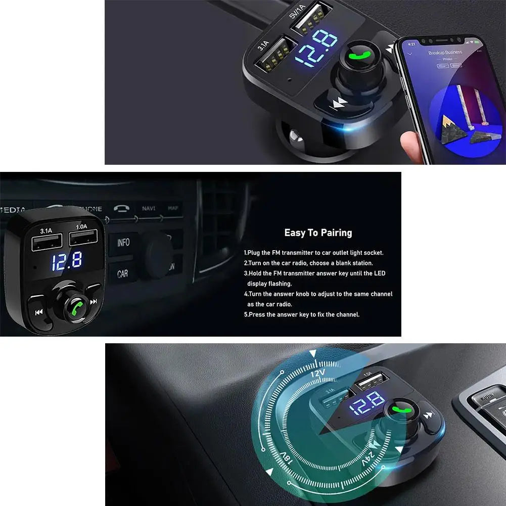 Car Charger with Wireless Bluetooth FM Transmitter - Dual USB Ports, Hands-Free Calling & MP3 Music Stereo