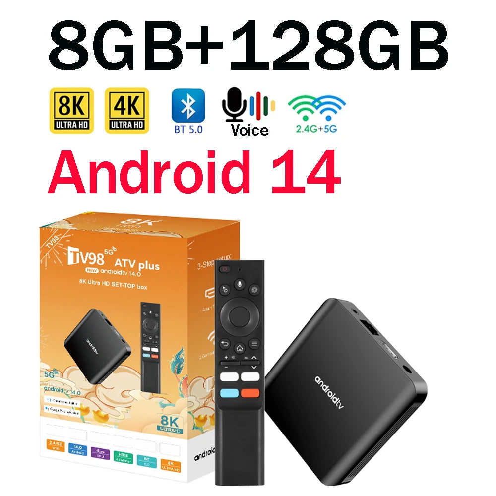 TV98 ATV Plus TV Box 8GB 128GB Android14 Allwinner H313 Quad Core 4G 5G Dual Wifi BT5.0 Smart Voice control HD 4K 8K TV Box iptv